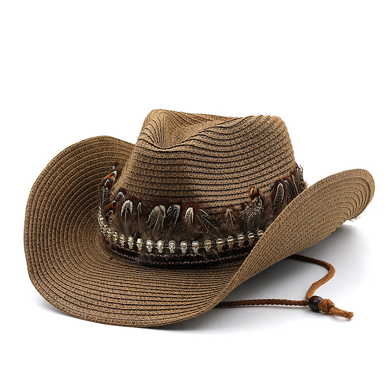 Hand Made Straw Western Cowboy Hat For Women Men Summer Curling Brim Beach Sun Hats Panama Cowgirl Jazz Cap: MULTI