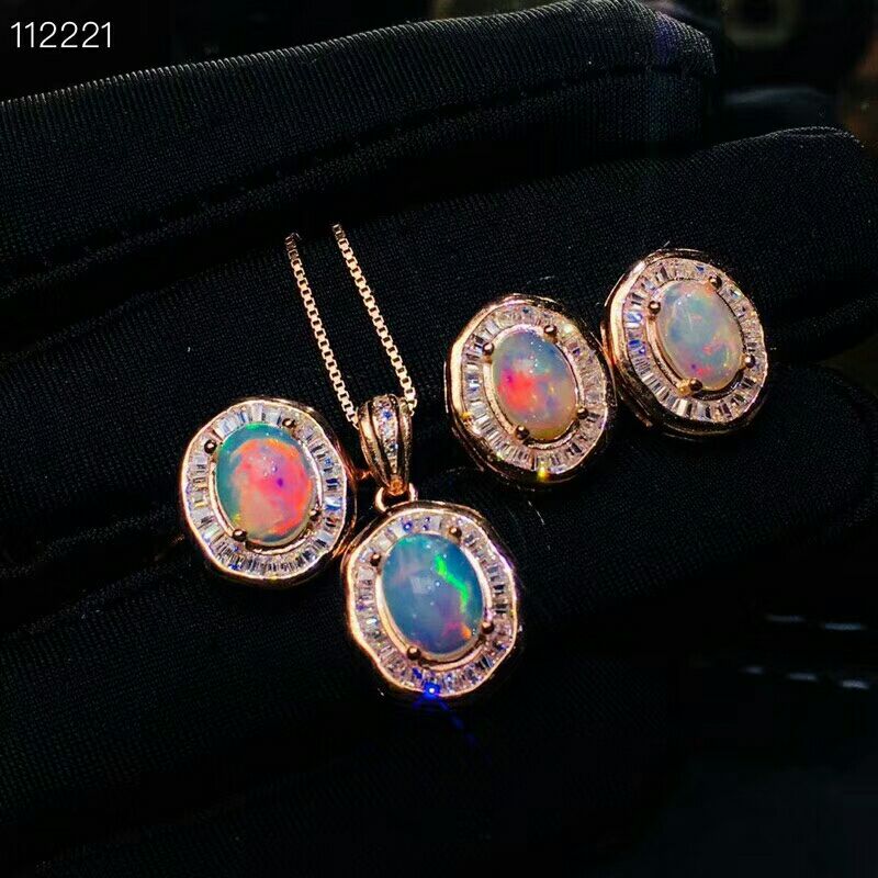 MeiBaPJ, pendientes de flores de piedras preciosas de ópalo Natural, anillo y collar, conjunto de joyería fina de 3 piezas para mujer Plata de Ley 925 auténtica