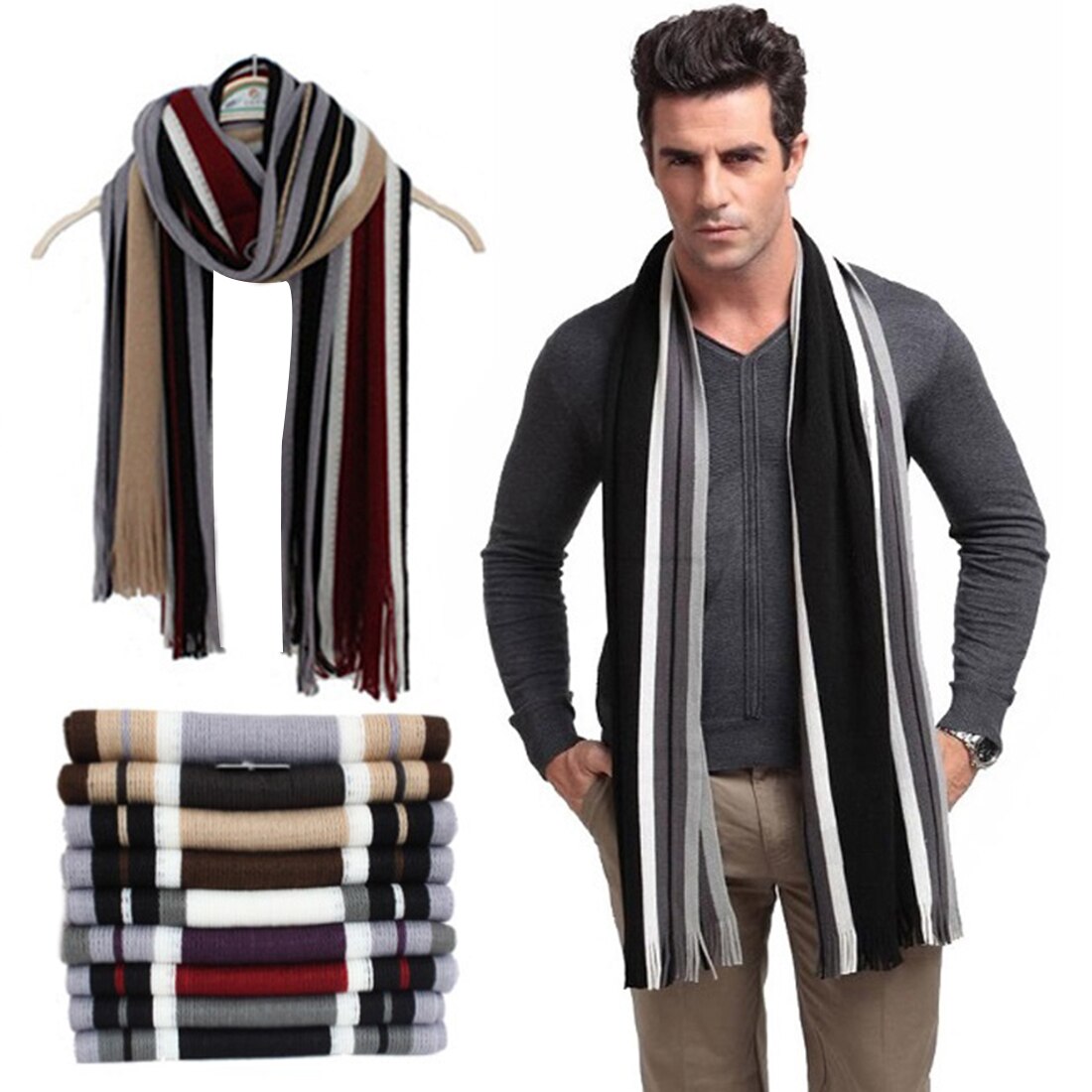 CYSINCOS Europa invierno bufanda hombres rayas bufanda de algodón hombre chal abrigo de punto cachemira Bufandas rayas largas