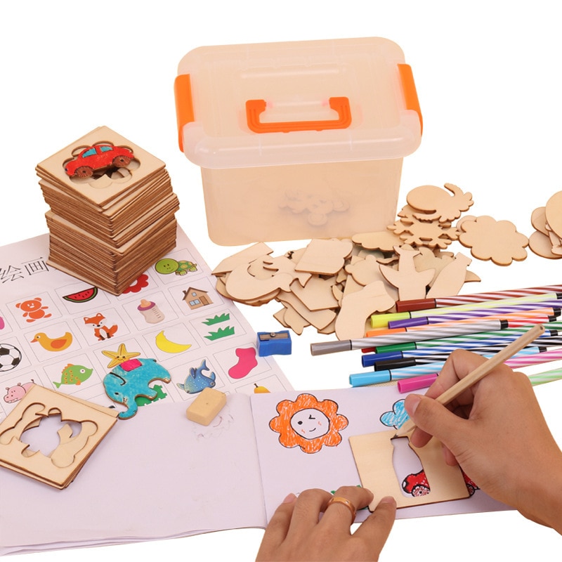 100Pcs Baby Tekening Speelgoed Houten Schilderen Templates Tekentafel Kids Verf Tekening Gereedschap Set Voor Kinderen Educatief Speelgoed