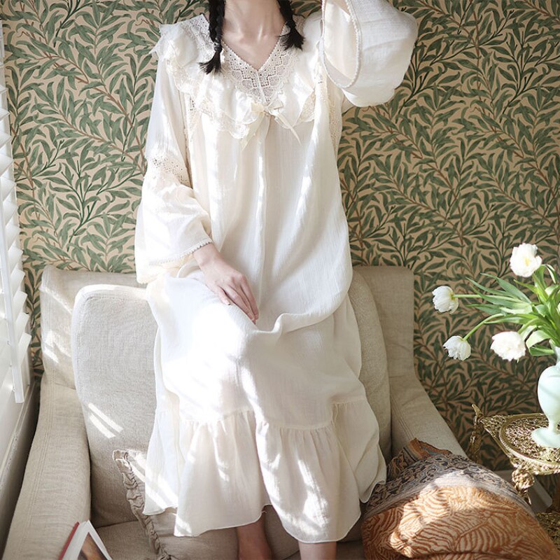 Camisones Vintage de algodón Beige para mujer, ropa de dormir suelta de manga larga, Victoriano Peignoir vestido de noche, para mujer, ropa de salón para el hogar