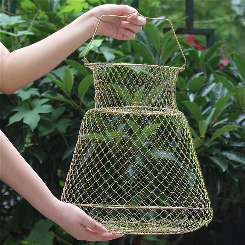Portable Fish Care Keep Mesh Wire Foldable Fishing Cage Drum-shaped Steel Wire Creel Fishing Net