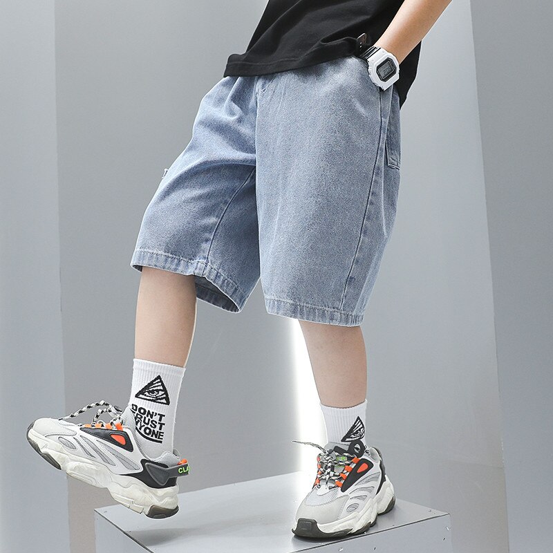 Neue 2022 Kinder Sommer Denim Shorts Mit Tasche Baby Jungen Baumwolle Kurze Jeans Kinder Casual Kalb Hosen Alter 4 5 7 9 11 13 14 jahre