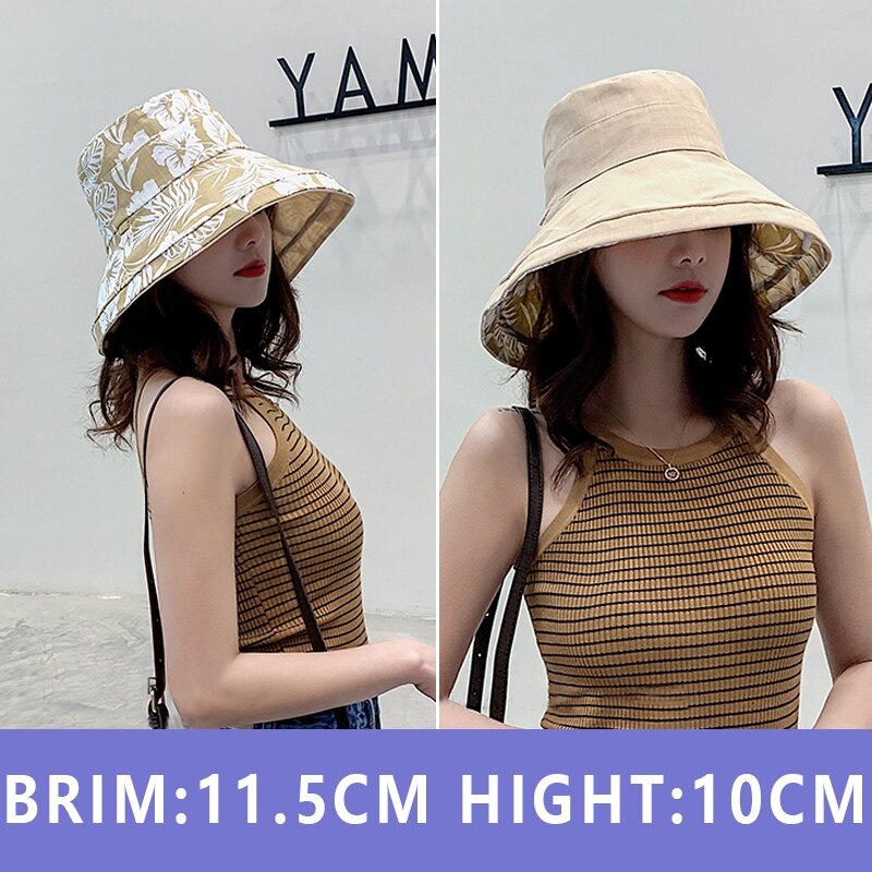 Summer Women Double-sided Flower Print Cotton Sun Hats Ladies Wide Brim Foldable Sun Bucket Hats Anti-UV Beach Hat Caps: Khaki