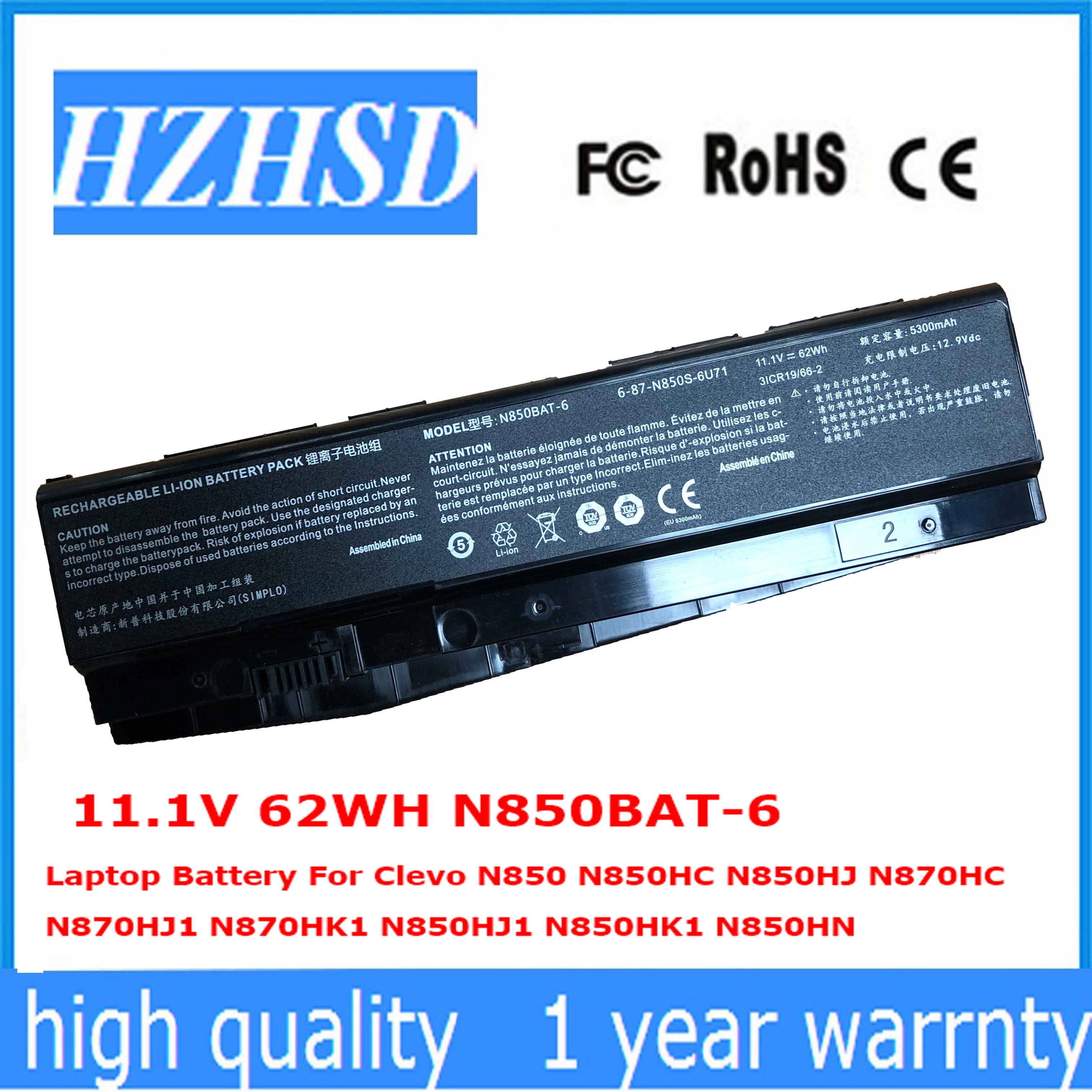 11.1V 62WH N850BAT-6 Original Laptop Battery For Clevo N850 N850HC N850HJ N870HC N870HJ1 N870HK1 N850HJ1 N850HK1 N850HN