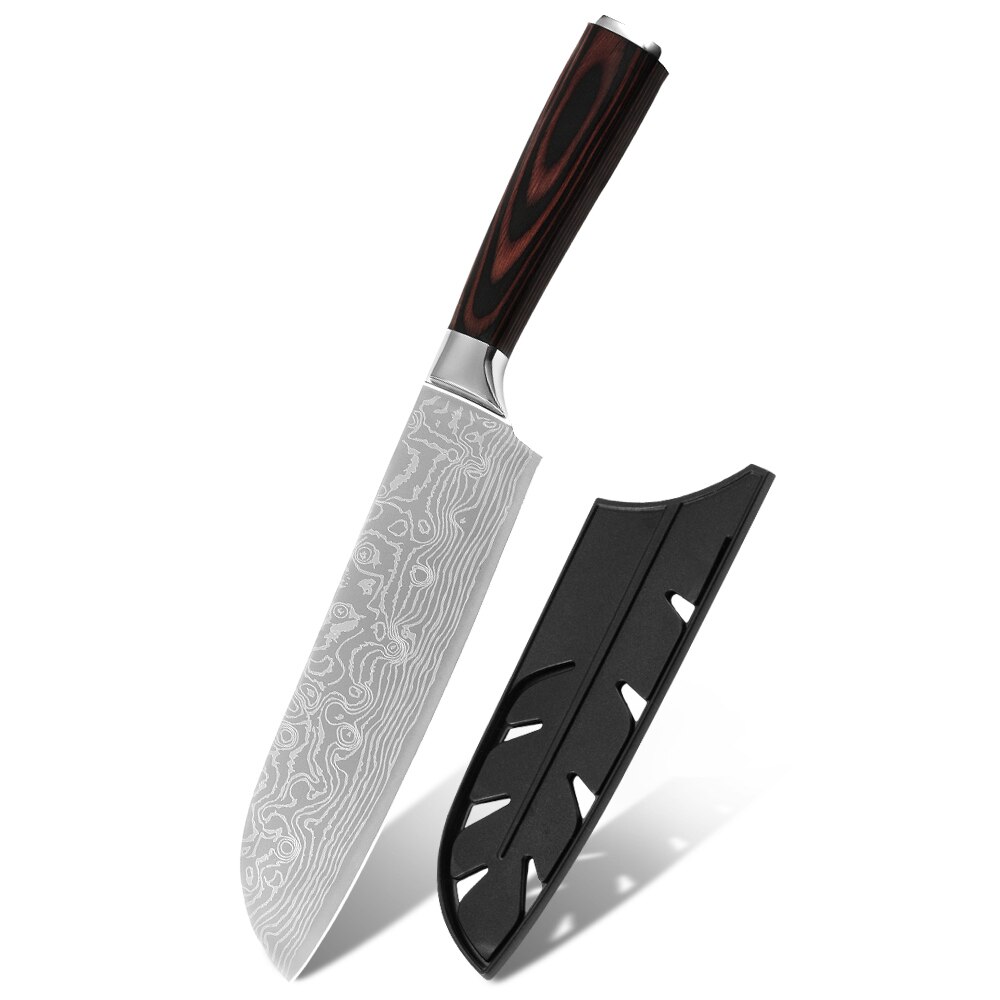 Japanese Knife Set Knives Kitchen Chef Santoku Utility Paring Strong Durable Strong 7cr17 Damascus Pattern Wood Handle: 7 inch santoku