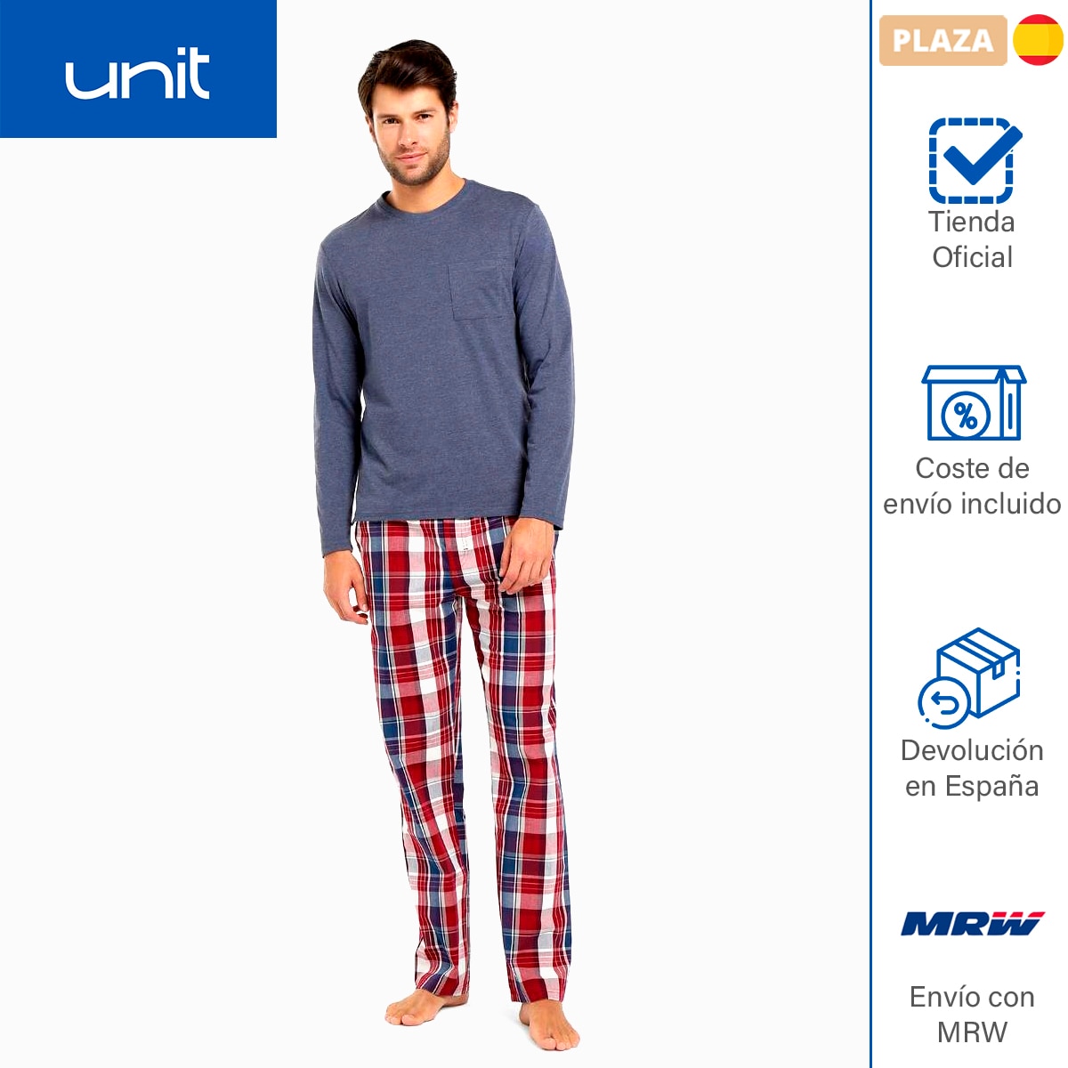 Unit - Pijamas de hombre Conjunto de Pantalón a cuadros rojo y azul y camiseta de algodón con manga larga azul, ropa para dormir