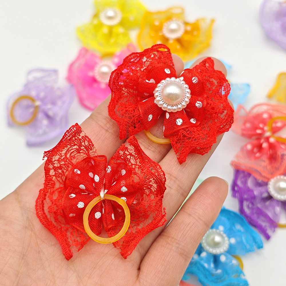100 piezas de lazos para el cabello de encaje de doble capa para perros pequeños, pinzas para el cabello para el cuidado de mascotas, accesorios para el cabello para cachorros con banda de goma: Rojo