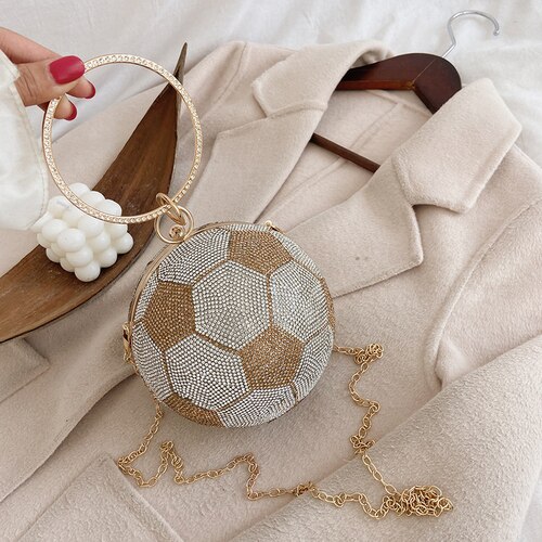 Vrouwen avond clutch kleurrijke kristallen diamanten ronde bolvormige clutch dames handtas bruiloft portemonnee ketting schoudertas: Gouden voetbal