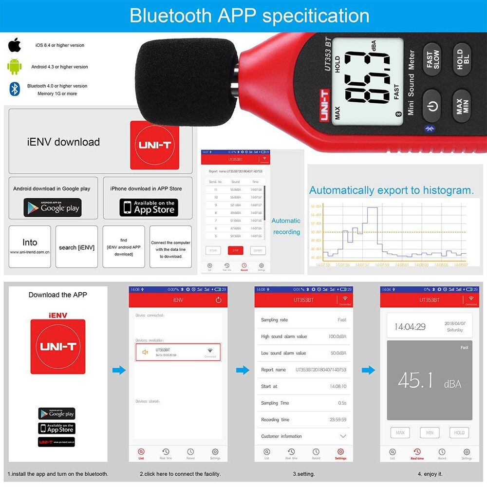 UNI-T UT353BT Mini Bluetooth Digital Noise Meter 30-130dba DB Monitoring Sound Level Meter Backlit LCD Display