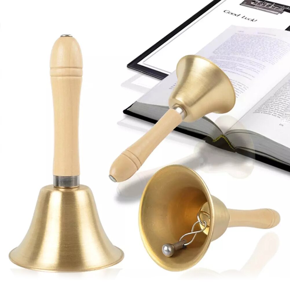 Brass Hand Bell Loud Call Bell Handbell Desk Ringbell with Wooden Handle for Wedding Festival Decoration Food Line Alarm