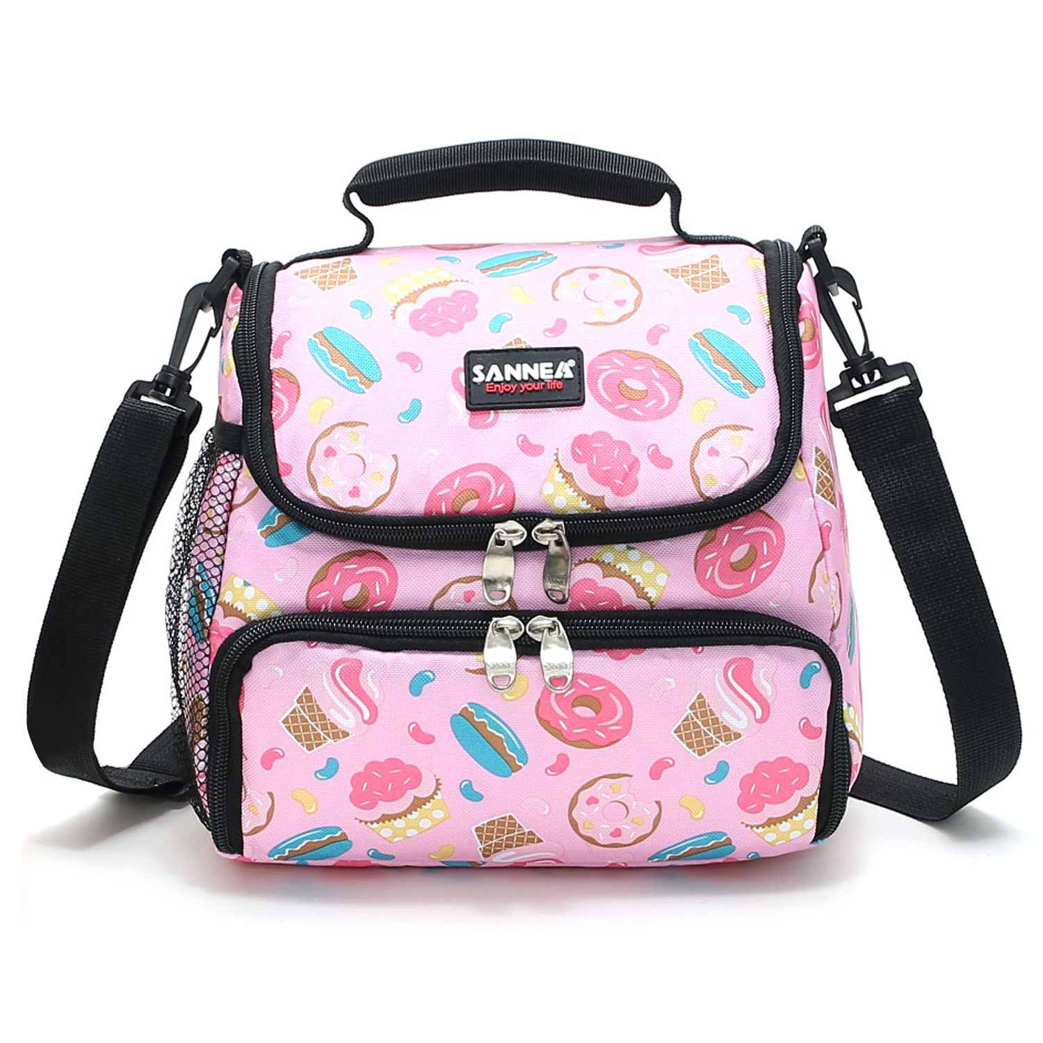 Outdoor Picnic Lunch Bag Lunch Bag for Kids Insulated Lunch Box Snack Box with Strap and Side Mesh Pocket for Boys Girls: Pink donut 9.2L