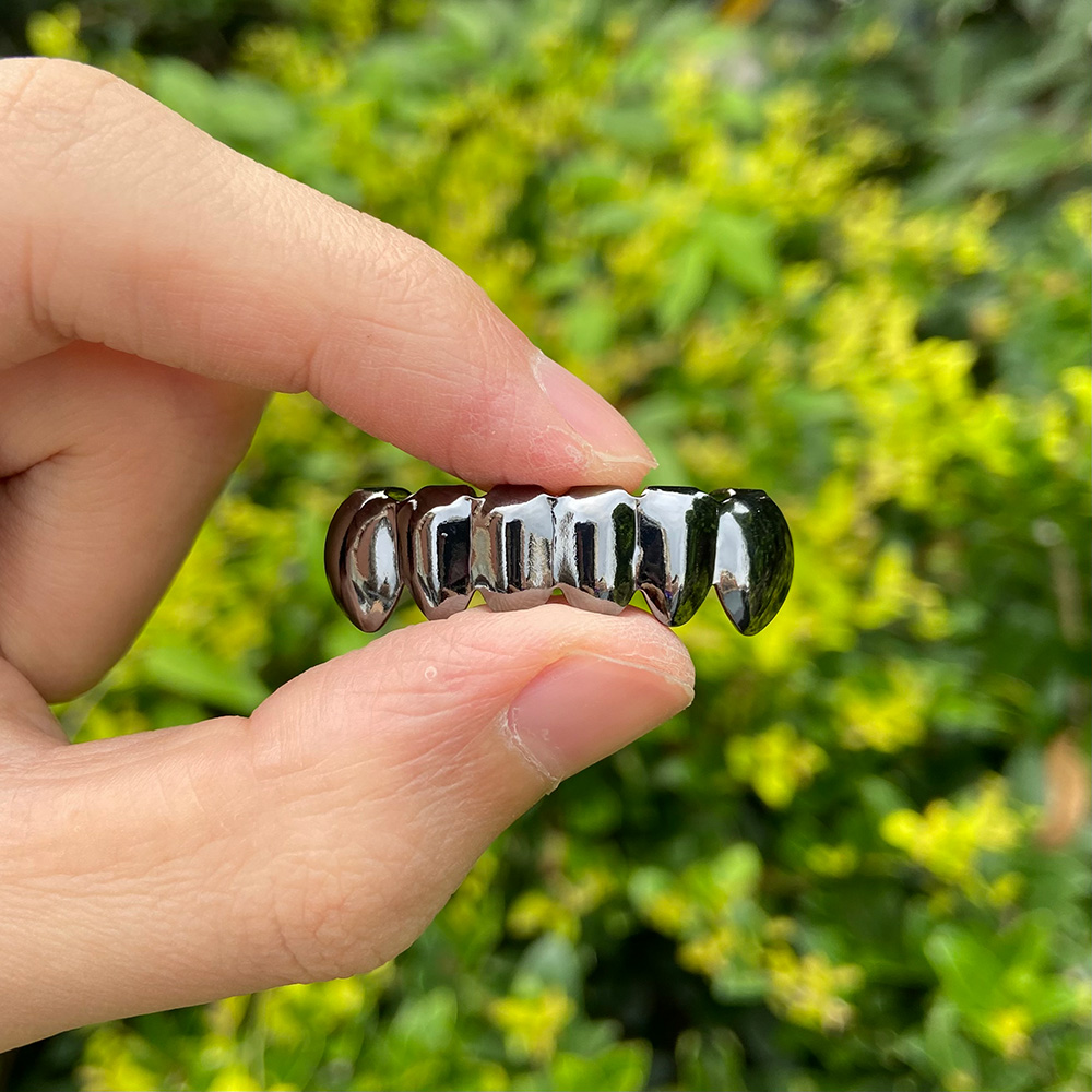 RACHELZ Hip Hop colmillos negros Diente Grillz 14K chapado en oro 6/6 tapas de dientes decoración parrillas dentales para hombres mujeres joyería de Halloween
