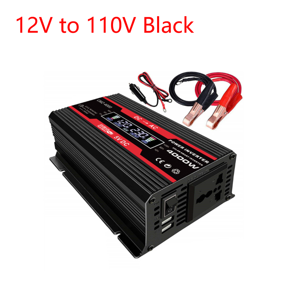 Inversor de energía Solar para coche, convertidor de onda sinusoidal pura, Panel Solar, USB Dual, 4000W, cc 12V a CA 110V/220V: Negro