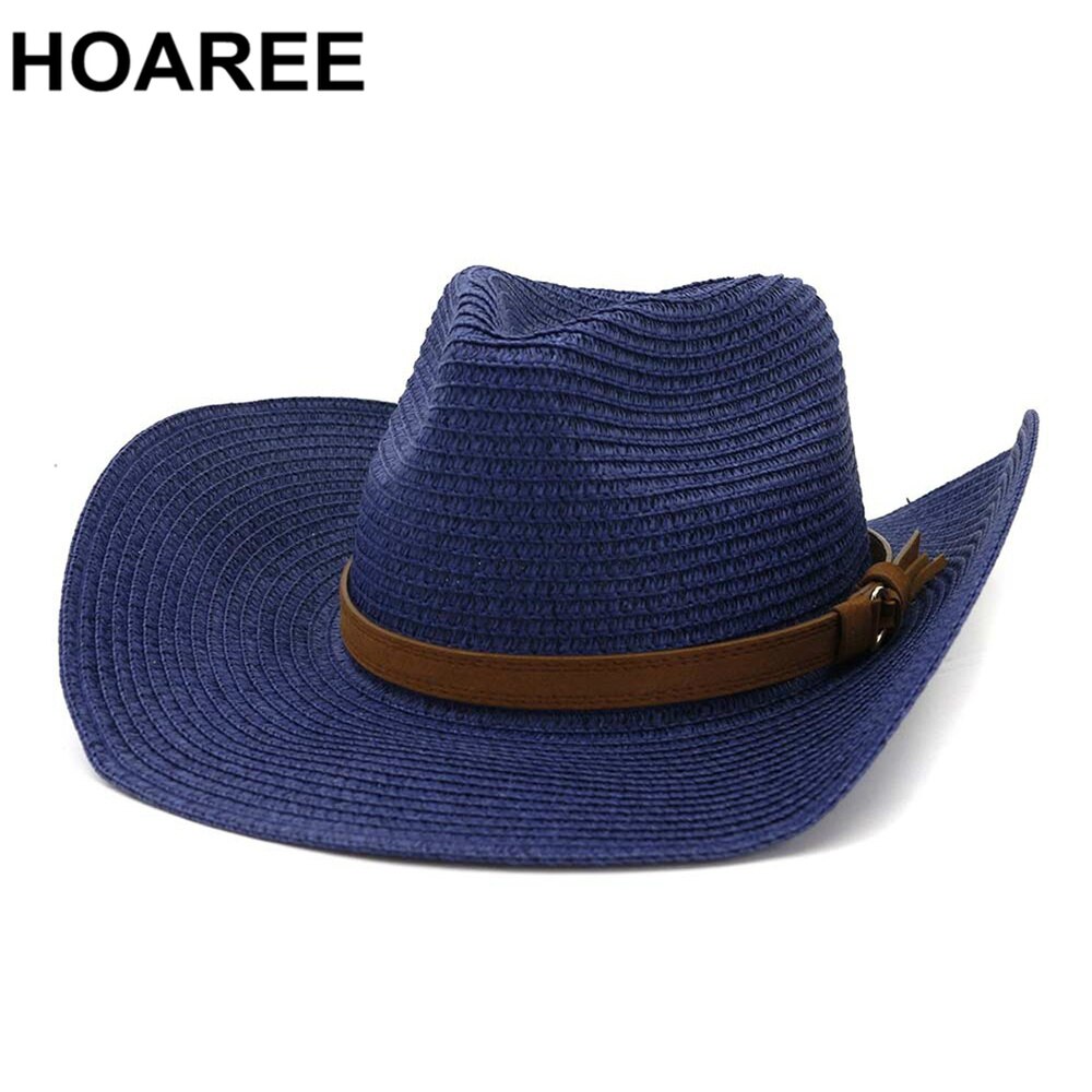 HOAREE, sombrero de vaquero de verano para hombre, sombrero de paja azul marino para el sol con cinturón, sombrero ancho Vintage para mujer, gorros de vaquera para decoración de playa, sombreros UV
