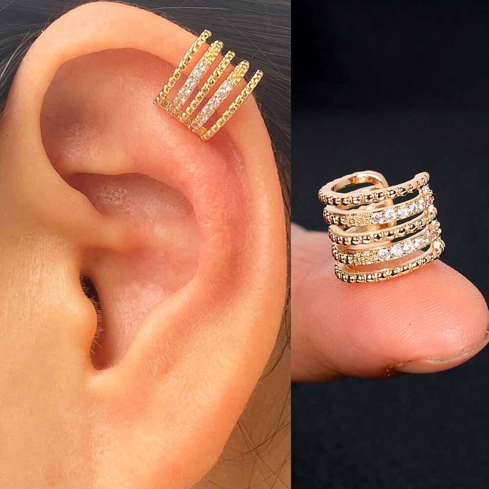 1pc nova chegada moda requintado arco-íris zircão orelha manguito brinco para a mulher geometria cristal sem piercing orelha clipe de jóias de verão: 3 gold