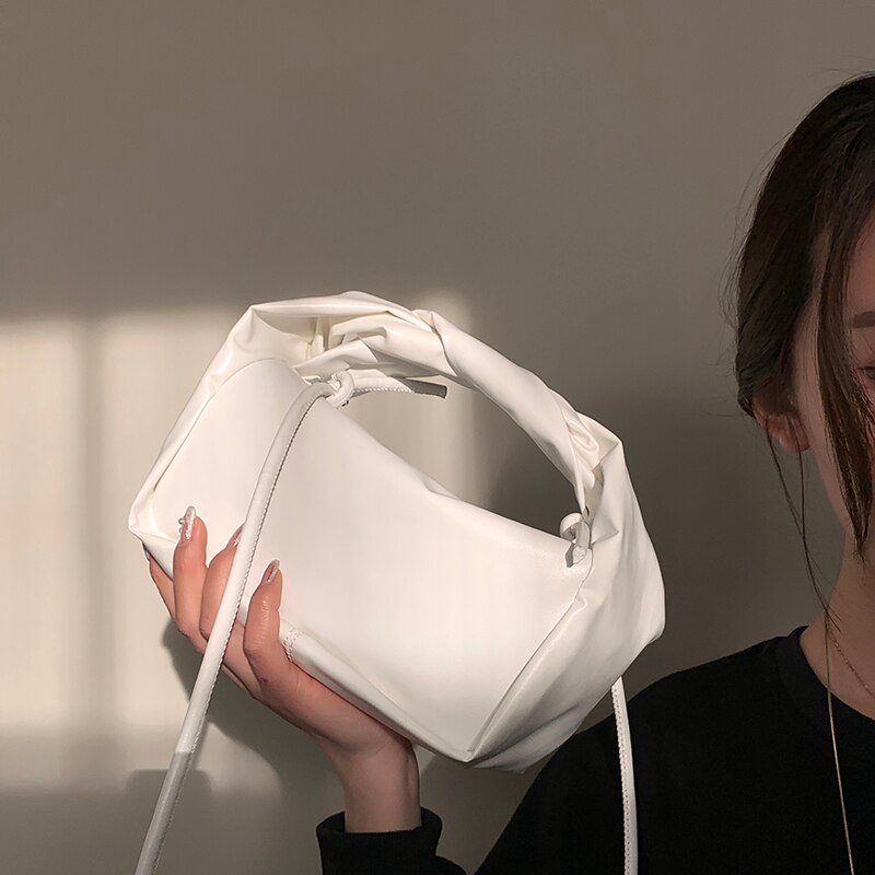 Korean Style Summer New Soft PU Leather Hobo Shoulder Bag Fashion Pleated Handle Handbag for Women Designer Crossbody Bag Female