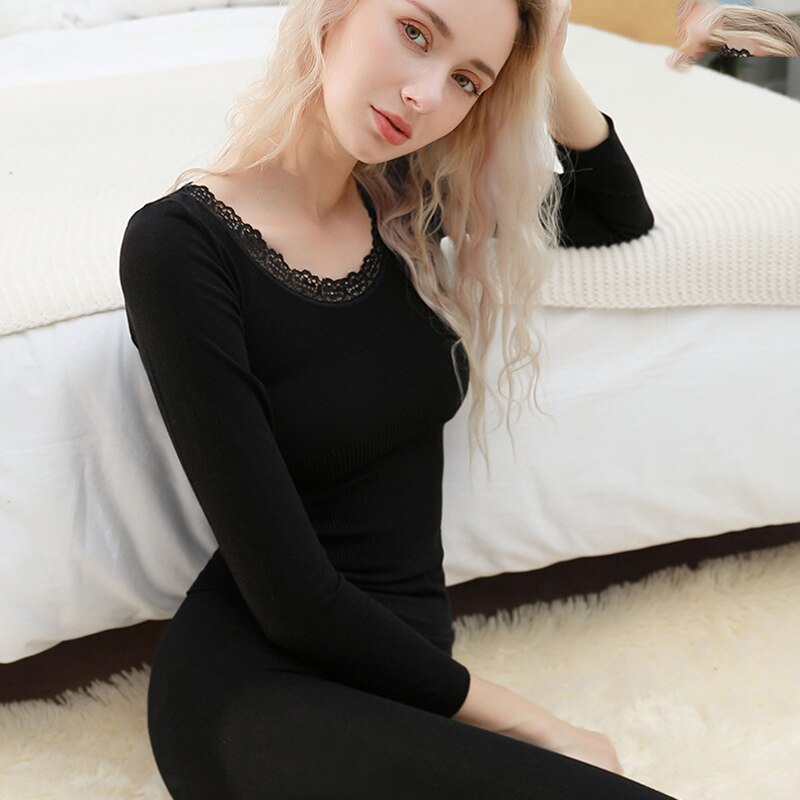 Thermal Underwear Set Lace Woman Winter Clothing Warm Suit Long Sleeve Top Warm Pants Leggings Thermo Underwear Undershirt Print