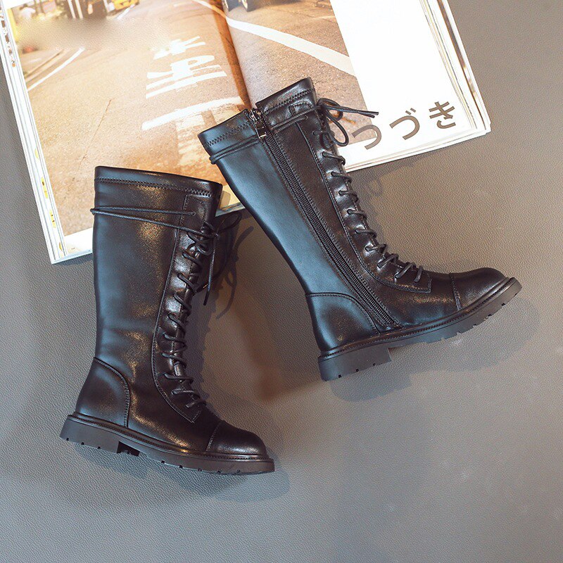 Bambini Stivali Bambini Pu Scarpe di Cuoio Del bambino Ragazze Ginocchio contralto Stivali Da Moto Nero di Modo Stivali di Marca Pattini di Roma Scarpa Morbida autunno