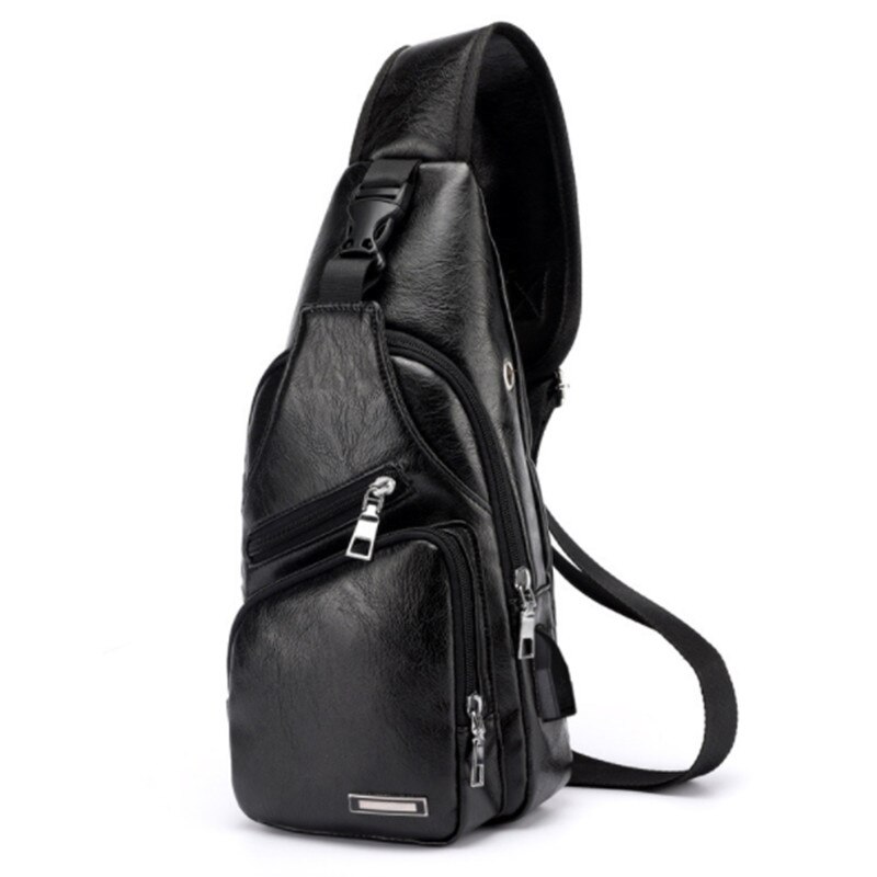 Nouveauté USB chargement poitrine sacs hommes messagers sac étanche PU cuir bandoulière sacs à bandoulière: Black