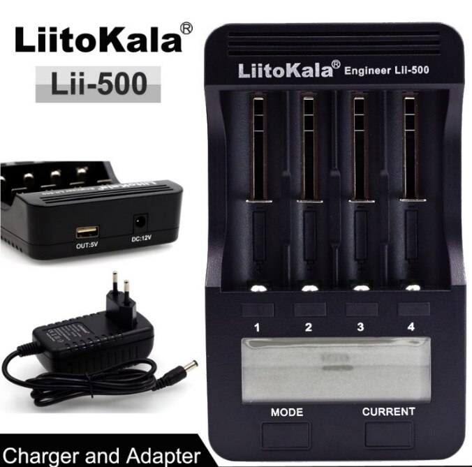 Liitokala Lii-500 400 300 402 202 100 S1 3.7 V/1.2 V AA/AAA 18650/26650/16340/14500/10440/18500 Batteria Caricatore con schermo LCD: Lii-500 and Adapter