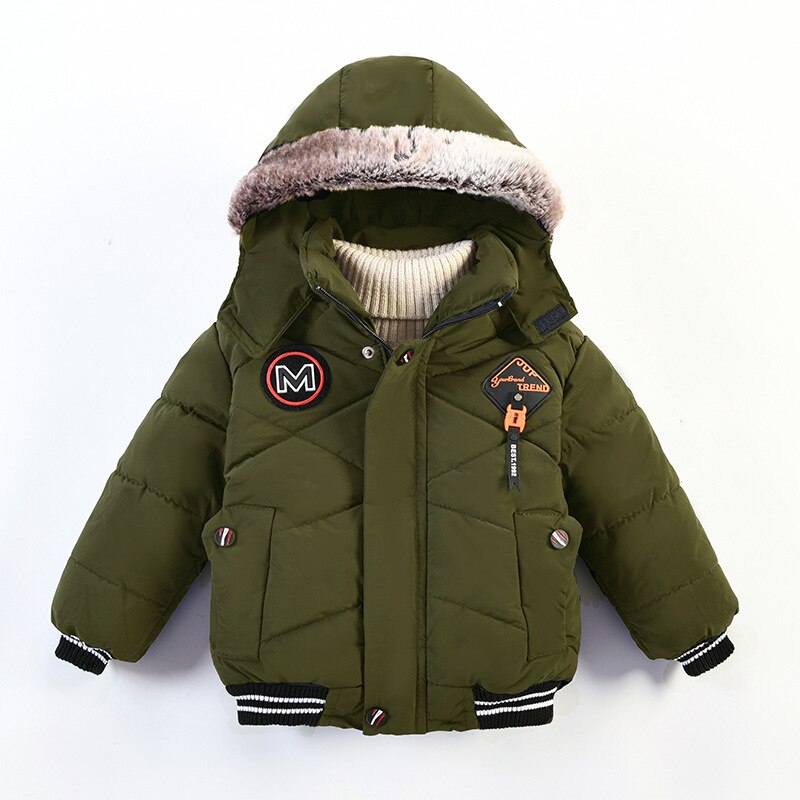 Thick Keeping Warm Winter Boys Jacket Fur collar Letter Hooded Windbreaker Outerwear For Kids Children Heavy Coats: JK160-Green / 4T