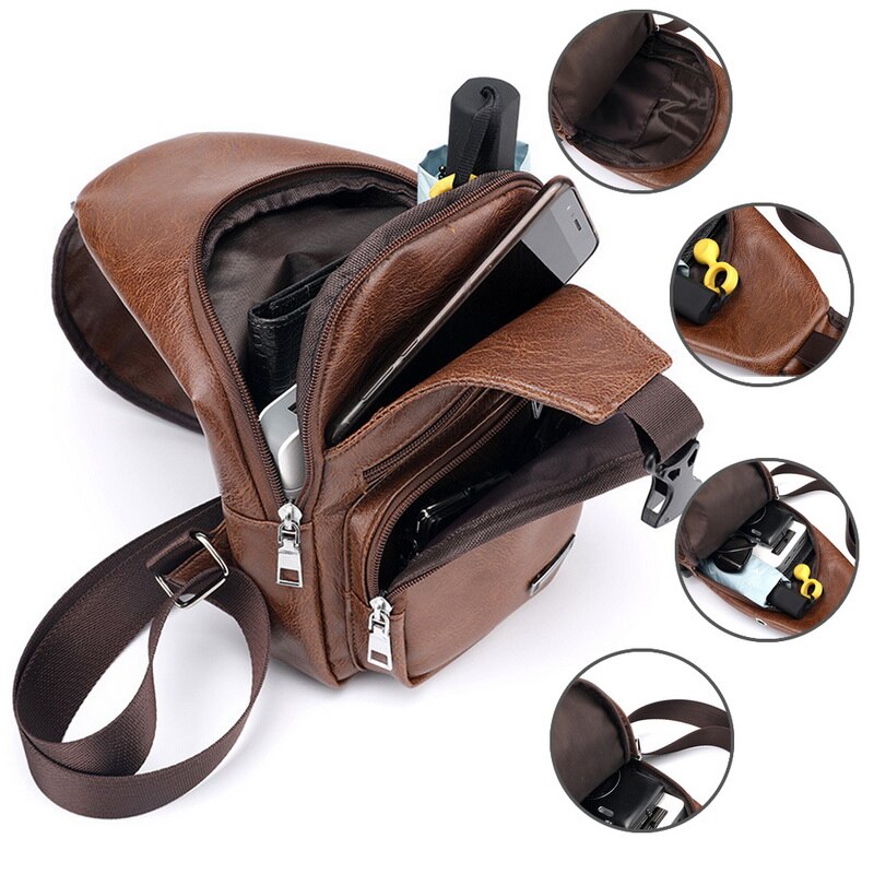 SHUJIN Chest Bag Men PU Leather Chest Pack USB Backbag With Headphone Hole Functional Travel Organizer Male Sling Waist Bags