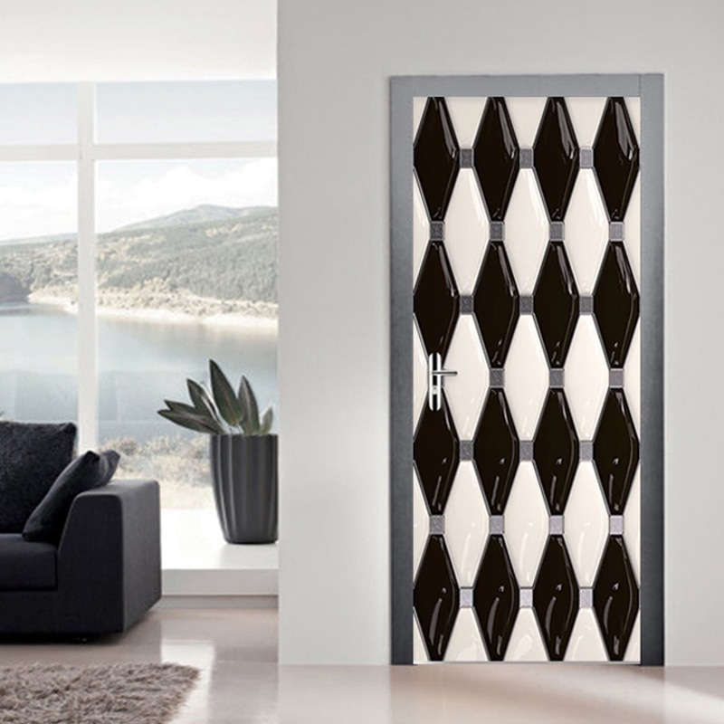 Zelfklevende Deur Sticker 3D Zwart-wit Geometrie Behang Moderne Mode Art Home Decor Muursticker Woonkamer muurschilderingen