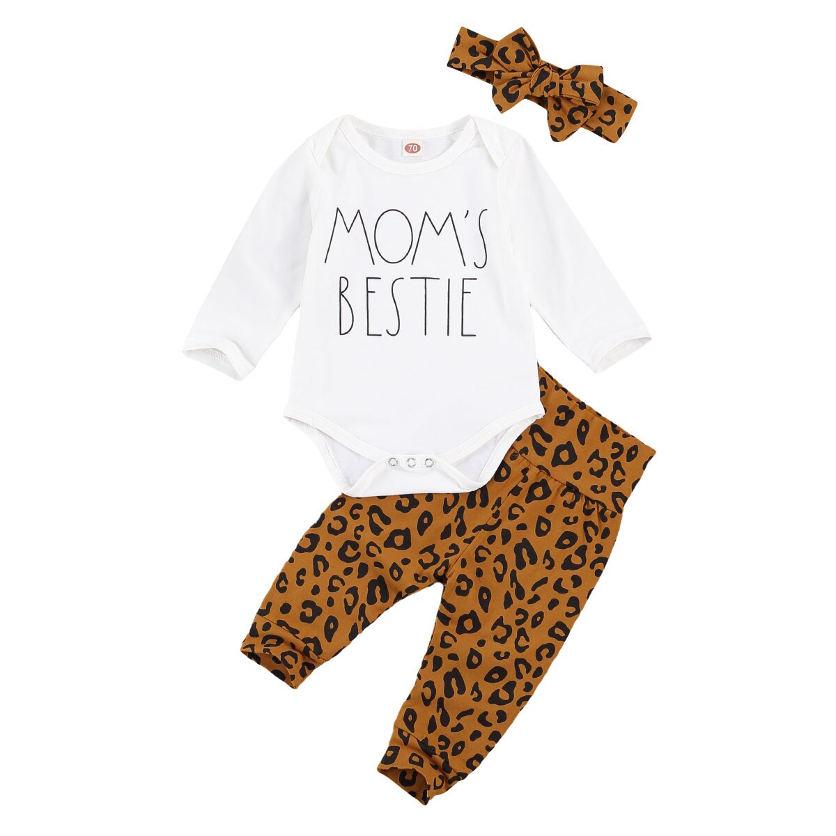 0-18M Infant Baby Girls 3Pcs Set Long Sleeve MOM'S BESTIE Letter Print Bodysuit+Leopard Print Long Pants+Headband