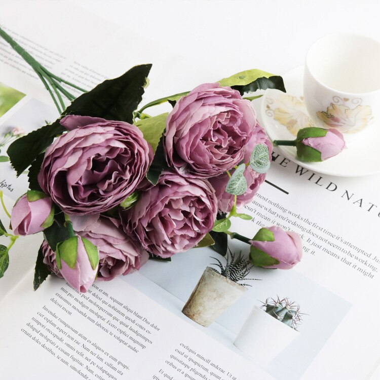 13 grener små ferske, kunstig silkepionbuketter store blomster til bryllupsfest kontorhotell og hjemmedekorasjon: 6 hoder