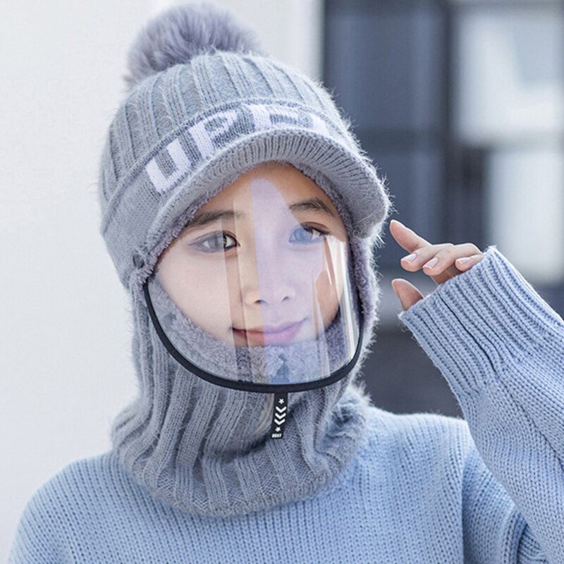 Bonnet écharpe avec masque Transparent pour femme, couvre-visage, casquette chaude, pour le sport, Halloween, hiver