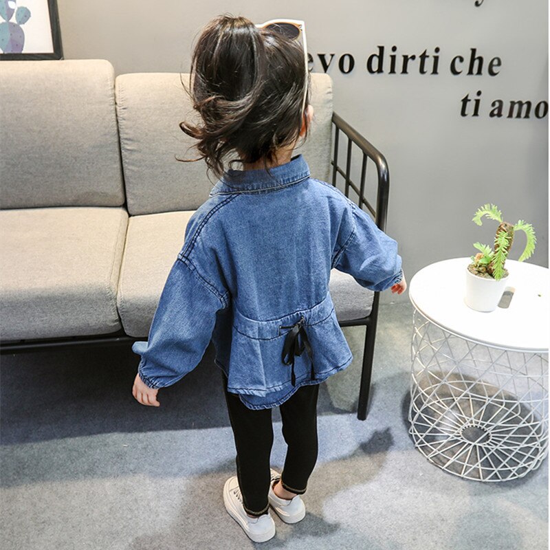 Børnetøj pigeskjorter forår langærmet bomuld denimblå enkeltradet sløjfe snøring småbørn pigebluser 1-5 år