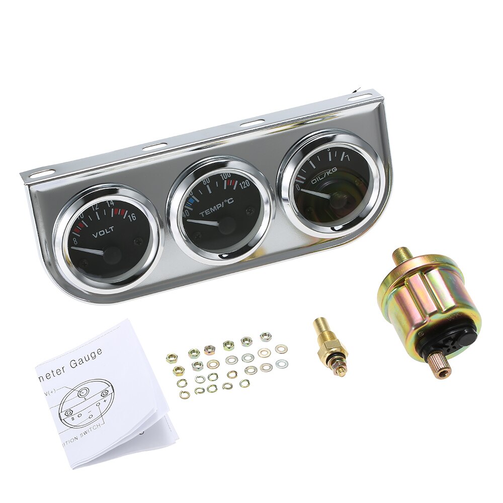 52Mm Olie Druk Fahrenheit Water Temperatuurmeter Voltmeter Chrome 3 In 1 Gauge Kit Auto Motorfiets Meter