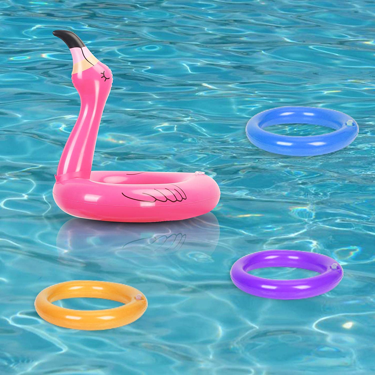 Inflatable Flamingo Hat, Inflatable Flamingo Head with 6pcs Rings Toss Game for Hawaii Luau Game Family Reunion Summer Party Dec