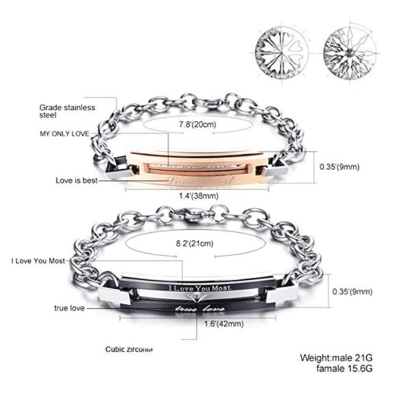 Charm Bracelet Stainless Steel Chain Link Bracelet for Couples Adult I Love You Most Zirconia Valentine's Day pulseira feminina