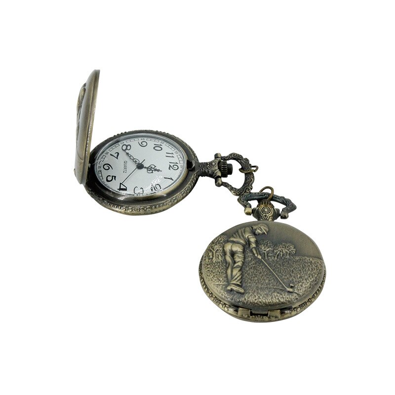 Retro Brons 3D Golfen Thema Quartz Fob Zakhorloge Met Ketting Ketting Beste Cadeau Voor Zakhorloge Te Golfer Met ketting