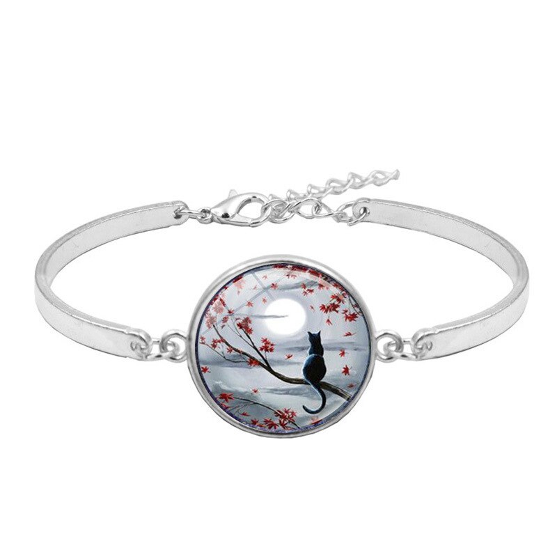 Maan En Kat Art Foto Sieraden Set Cabochon Glas Hanger Ketting Oorbel Armband Totaal 4 Stuks Voor Vrouwen Mode party