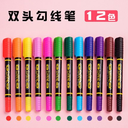 100 PCs Marking Pen Black and White with Pattern Oily Small Double Headed Painting Line Drawing Pen Children Painted for Student: Color 12 PCs Water Based