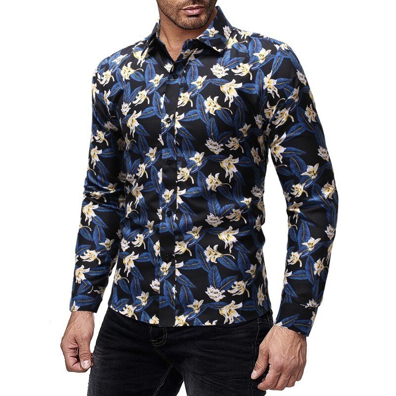 hommes automne casual imprimé chemise homme à manches longues Floral imprimé chemise Slim Fit fleur chemise hauts M-3XL: 3 / XXL
