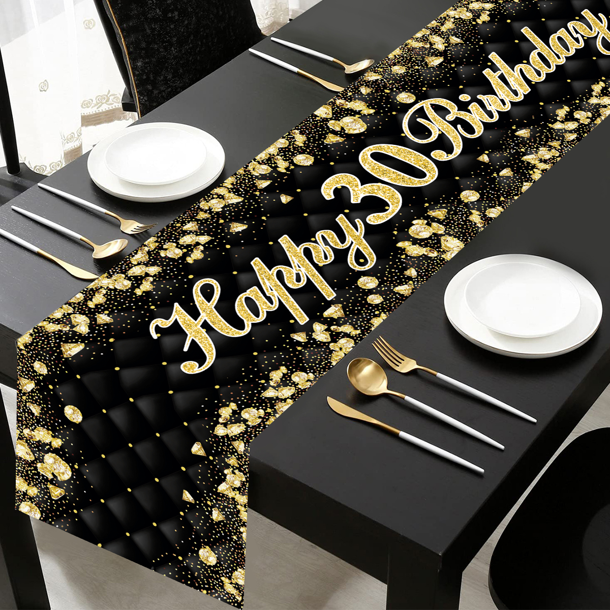 Chemin de Table d'anniversaire en or noir, couverture de Table d'anniversaire, nappe, décoration de fête pour la maison, anniversaire adulte, 18 30 40 50