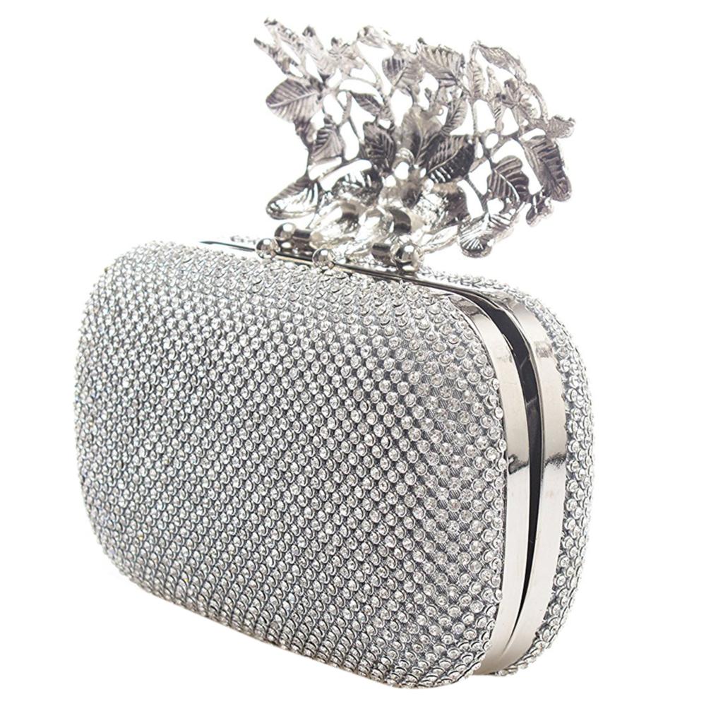 Unique Clasp Silver Diamante Crystal Diamond Evening Bag Clutch Purse Party Bridal Prom