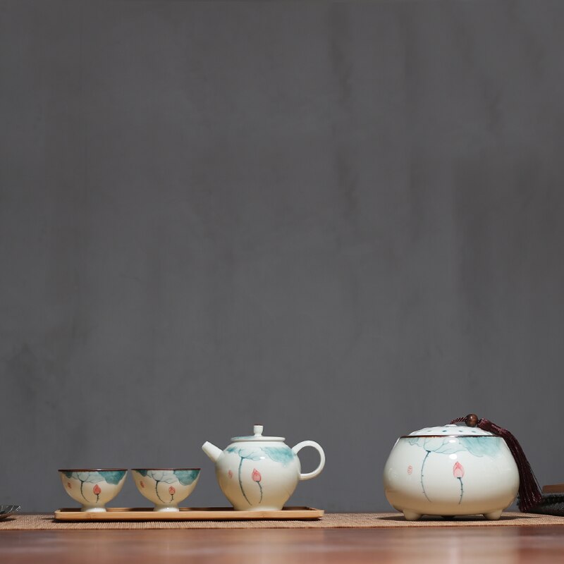PINNY Ceramic Hand Painted Lotus Ceramic Tea Set 1 Pot 2 Cups 150ML Kung Fu Teapots Porcelain Teacups Pigmented Drinkware