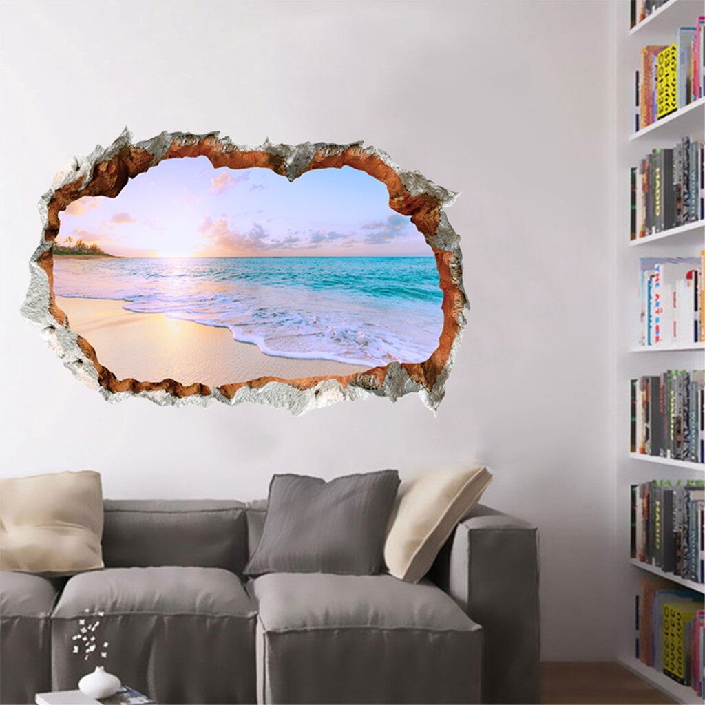 3D DIY Family Home Wall Sticker Removable Mural Decals Vinyl Art Effect Beach Sea Window Landscape Scenery Wall Sticker Wallp D
