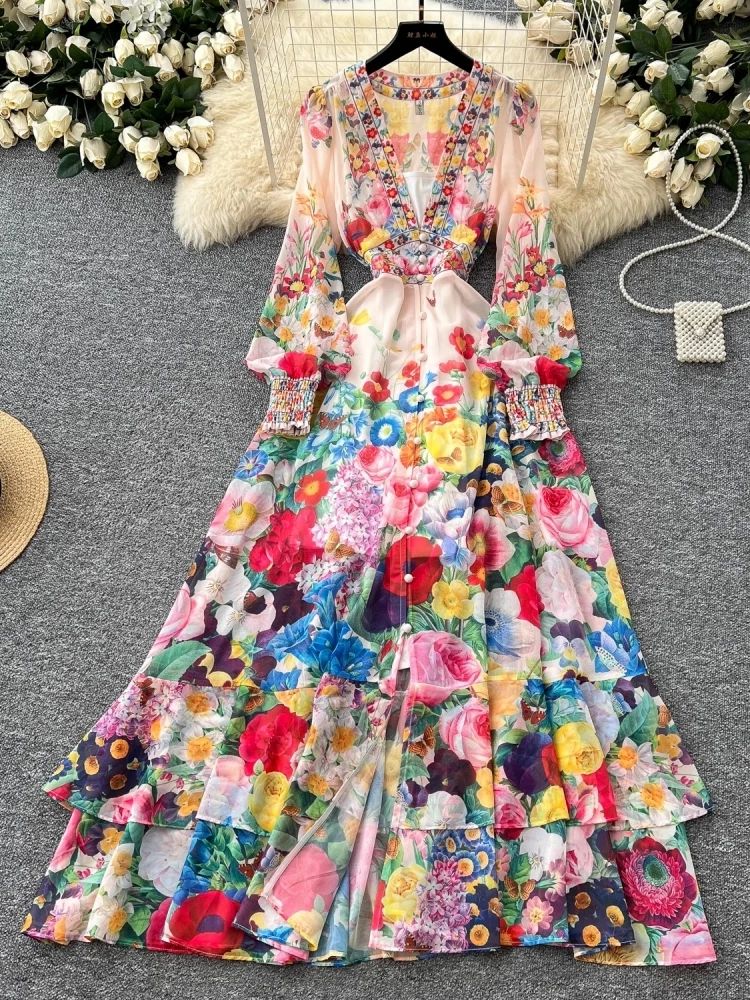 Summer Gorgeous Floral Dress Women's Long Sleeve Ruffles V Neck Flower Print Buttons Chiffon Bohemain Robe Vestidos: M / Beige