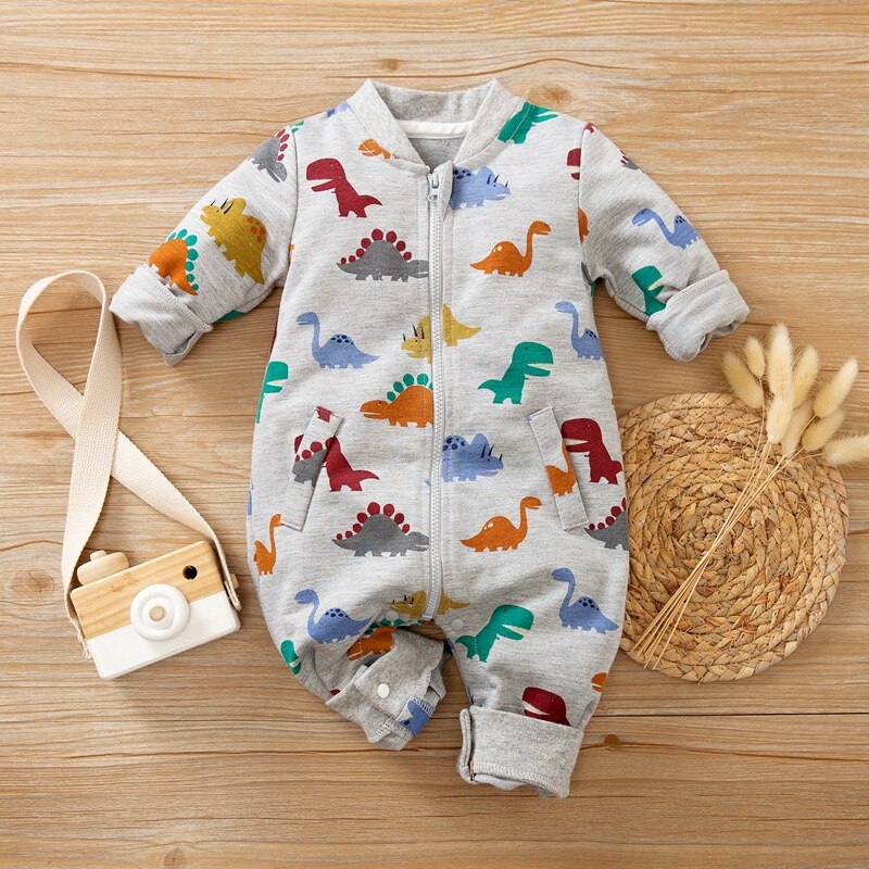 Patpat lente en herfst baby dinosaurus allover jumpsuit voor babyjongens bodysuits kleding: 6-9 maanden