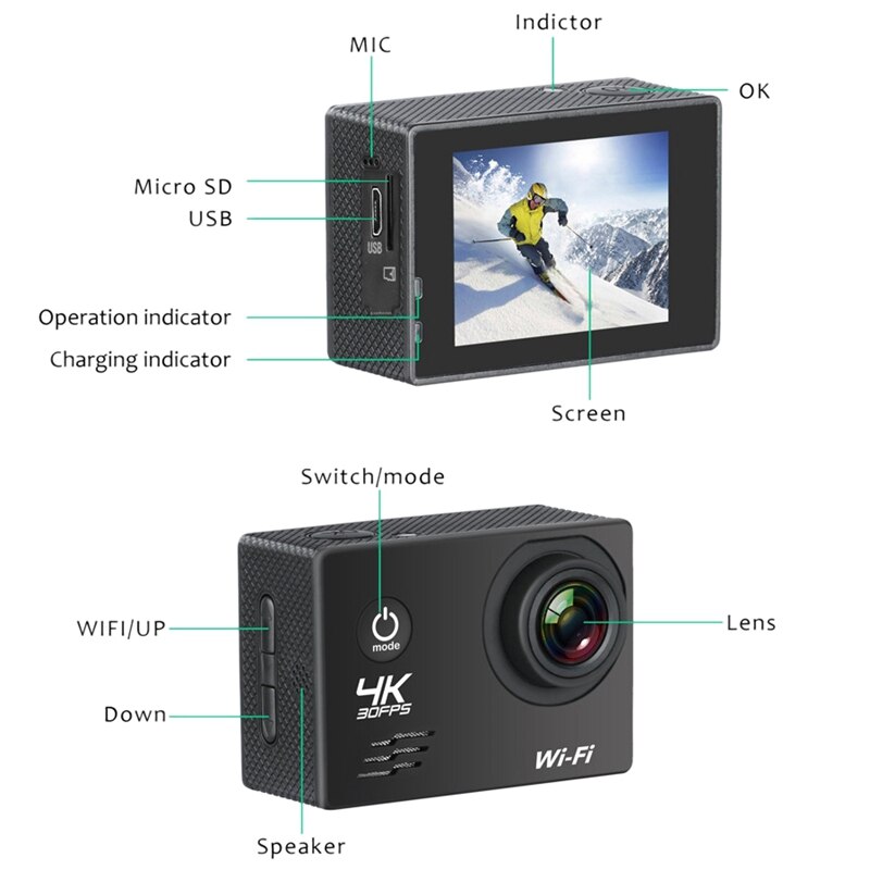 Action kamera  hd 4k/60 fps wifi 16mp 2.0 lcd 170d linse hjelm kamera 30m gå vandtæt pro sportskamera videokamera