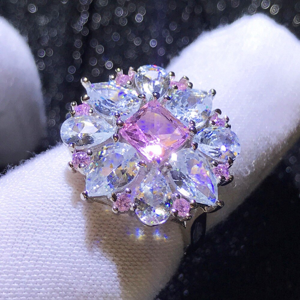 Luxury Female Big Pink Stone Ring Silver Color Wedding Rings For Women Year Engagement Ring Jewelry