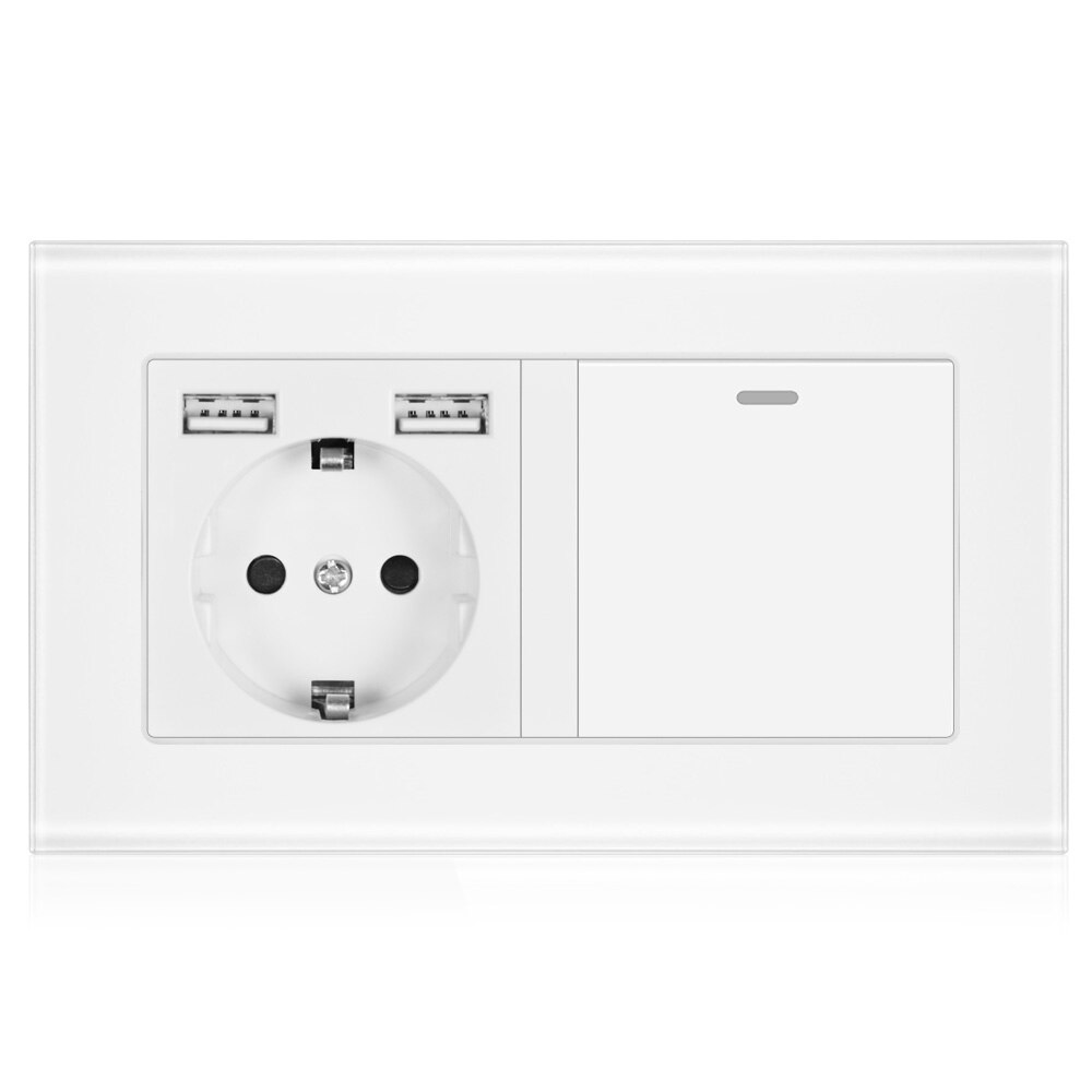 Wall Socket Rocker Push Button Light Switch EU Plug Sockets Electric Outlets 220V 16A Dual USB Charge 146*86 Crystal Glass Panel
