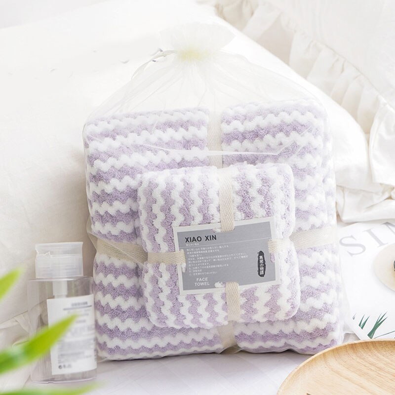 1 sæt stribe ansigt håndklæde absorberende hår håndklæde mikrofiber håndklæder svømning koral fleece mikrofiber håndklæde badeværelse forsyninger: Lilla