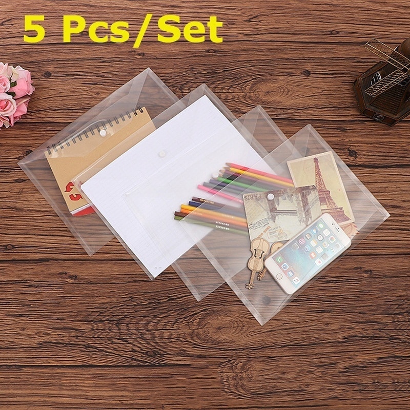 5 Pcs/Set Best Transparent Plastic A4 File Folders Bag Document Hold Bags Folders Clear Filing Paper Office School Supplies